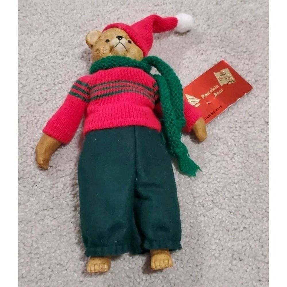 VTG Hills Dept Store Christmas Porcelain Bear Ornament Santa Hat Original Tag